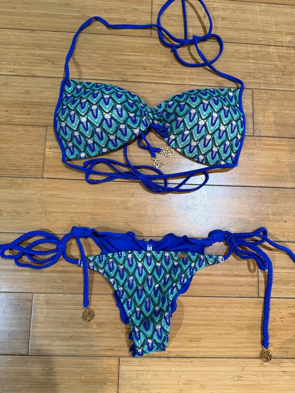 Luli Fama Blue, Green and Gold Patterned Tie-Side Bikini Set